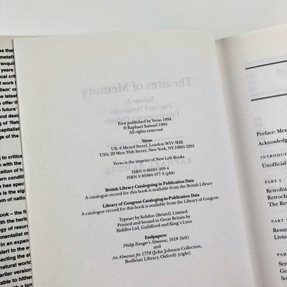 Theatres of Memory. Volume 1: Past and Present in Contemporary Culture by Raphael Samuel | Verso 1994