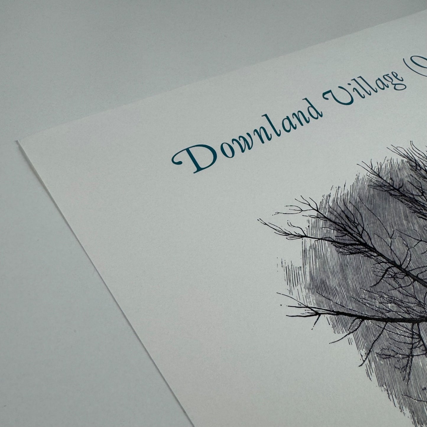 Broadsheet for the poem Downland Village (Oxfordshire) by Keith Spencer with wood engravings by Simon Brett.   Limited edition of 215 this being numbered 57 printed by Jonathan Stephenson at The Rocket Press in June 1990