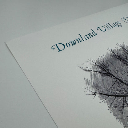Broadsheet for the poem Downland Village (Oxfordshire) by Keith Spencer with wood engravings by Simon Brett.   Limited edition of 215 this being numbered 57 printed by Jonathan Stephenson at The Rocket Press in June 1990