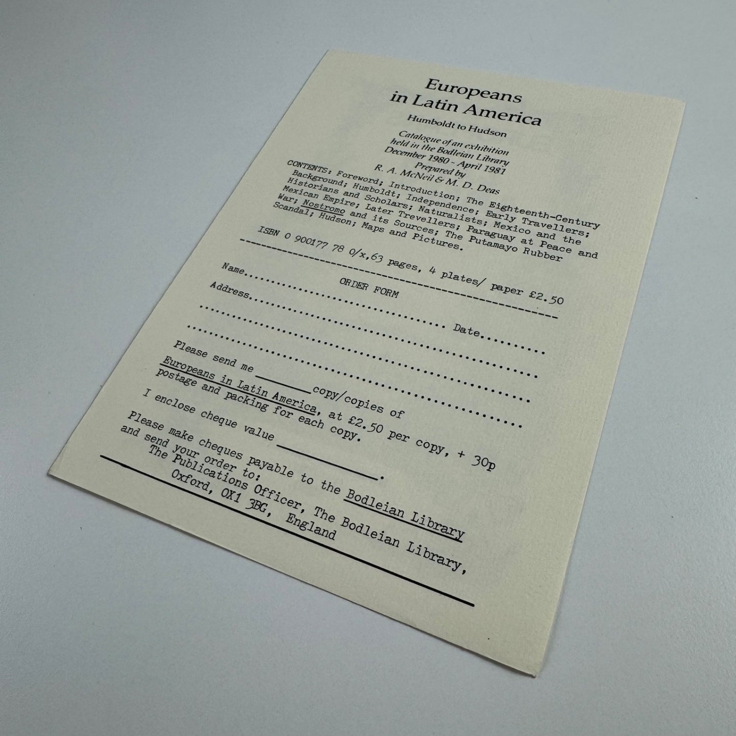 Leaflet to promote Europeans in Latin America Humboldt to Hudson |  Bodleian Library, 1980