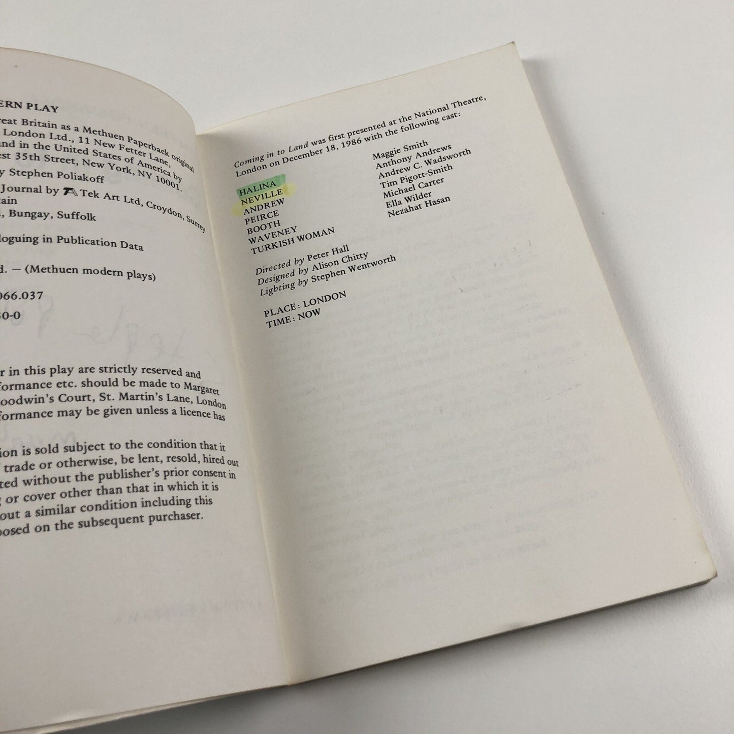 Coming in to Land by Stephen Poliakoff | Methuen, 1986 signed