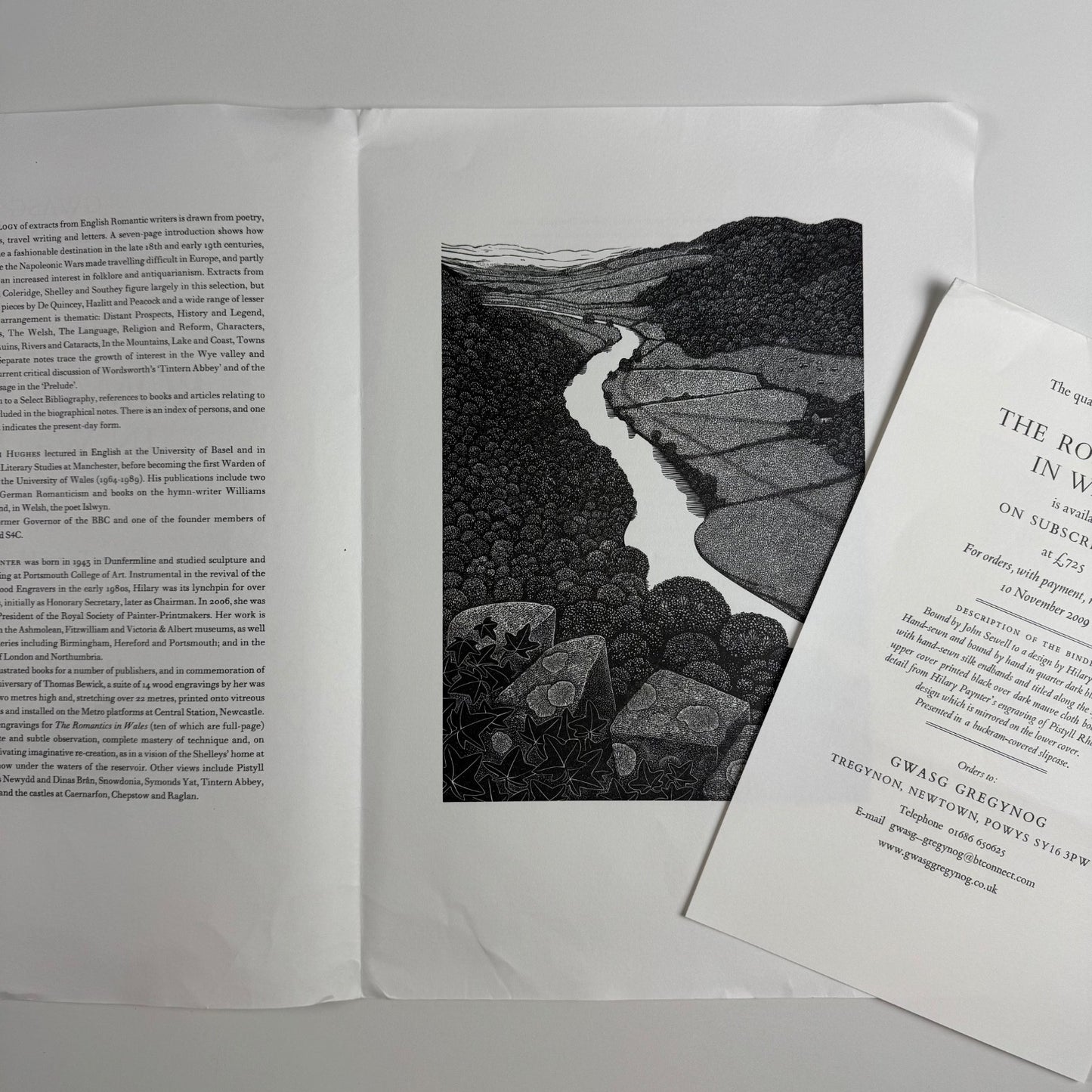 Prospectus for The Romantics in Wales edited by Glyn Tegai Hughes, wood engravings by Hilary Paynter Gregynog 2009
