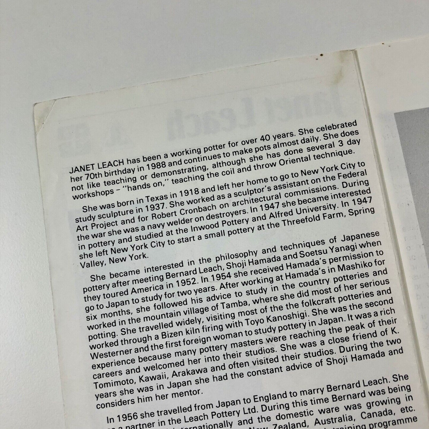 Janet Leach | Brief biography leaflet | Leach Pottery, St. Ives, c.1990s