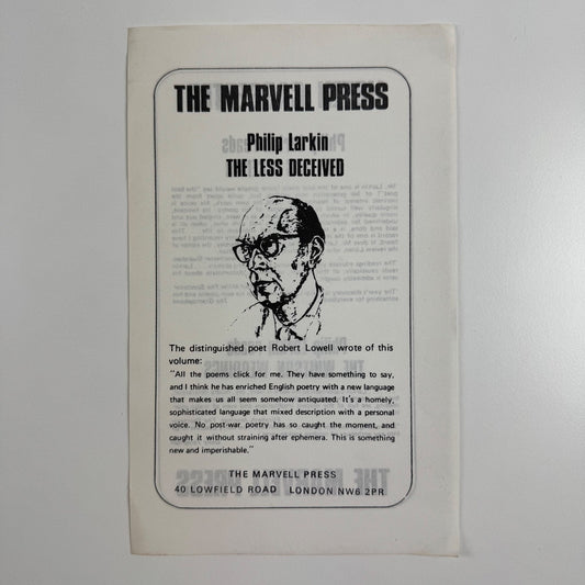Promotional leaflet for The Marvell Press Philip Larkin The Less Deceived, undated