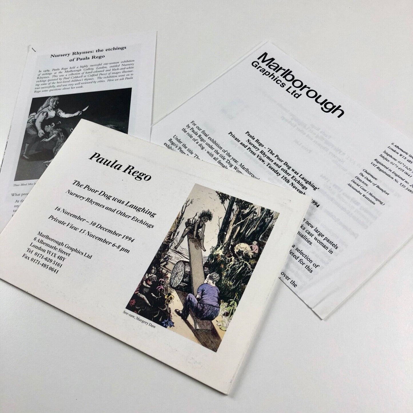 Folding card and related leaflet for Paula Rego. The Poor Dog was Laughing | Marlborough Graphics, 1994