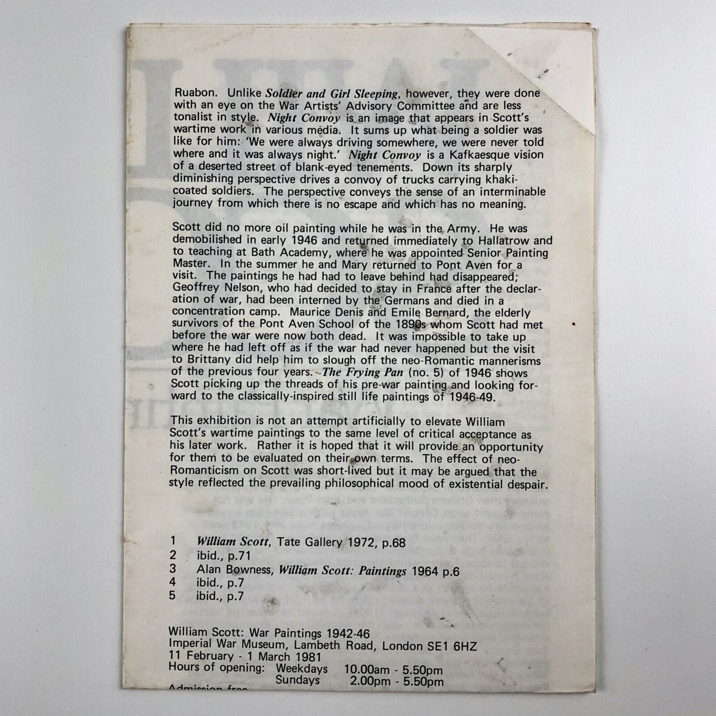 William Scott – War Paintings 1942-46 | Fold-out guide | Imperial War Museum, 1981