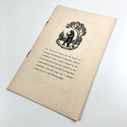 Prospectus for The Bible, September 1963 | Designed by Francis Meynell and printed by the University Press Oxford and the University Press Cambridge | Nonesuch Press