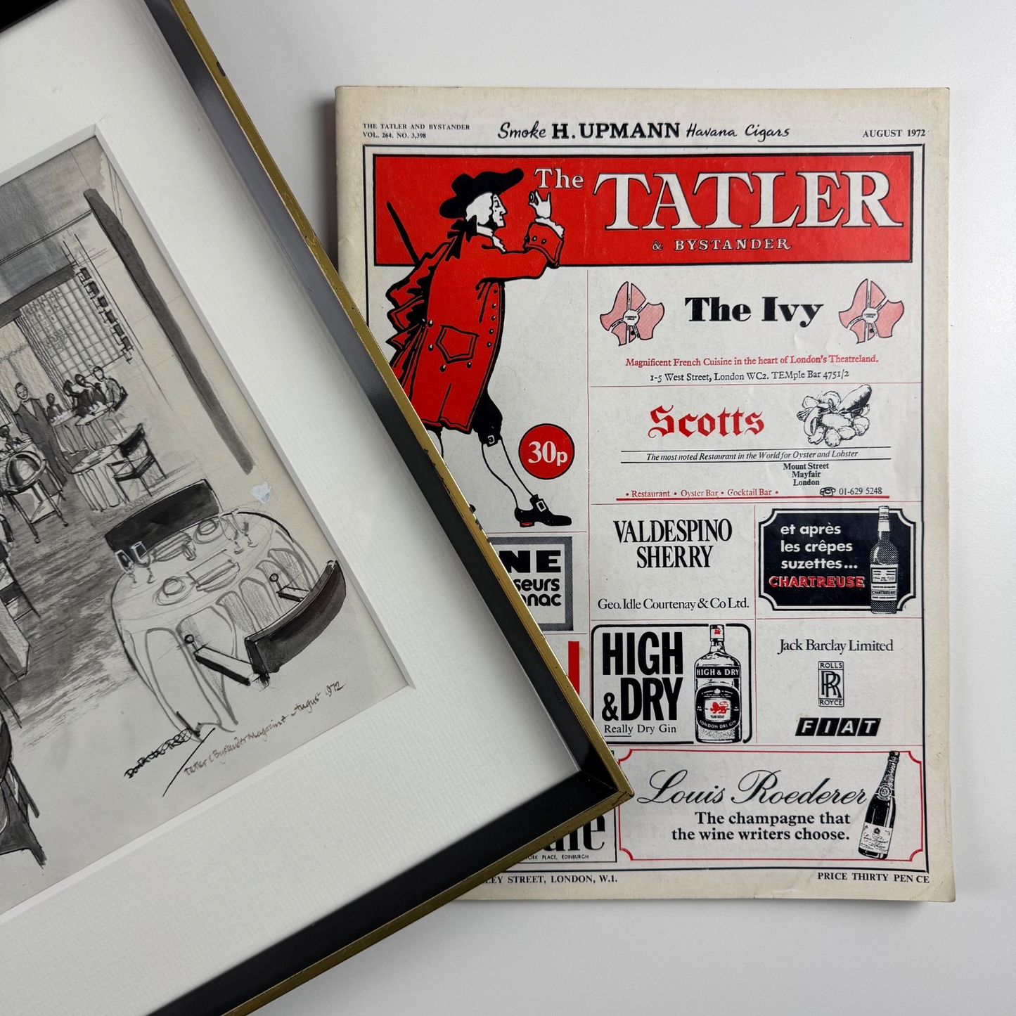 Restaurant at The Berkeley Hotel, London | Pen & ink drawing by Donald Edward Green | Includes related 1972 copy of Tatler and Bystander magazine