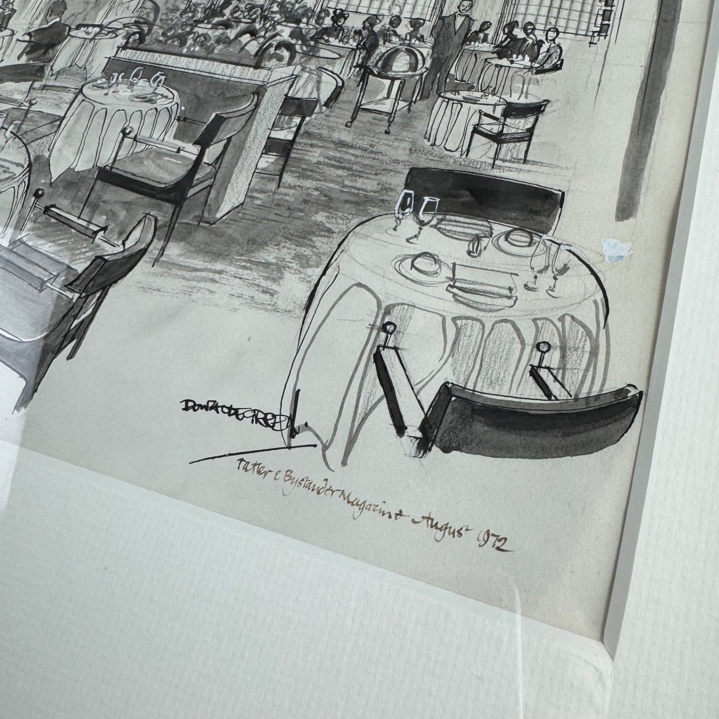 Restaurant at The Berkeley Hotel, London | Pen & ink drawing by Donald Edward Green | Includes related 1972 copy of Tatler and Bystander magazine