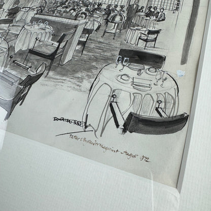 Restaurant at The Berkeley Hotel, London | Pen & ink drawing by Donald Edward Green | Includes related 1972 copy of Tatler and Bystander magazine