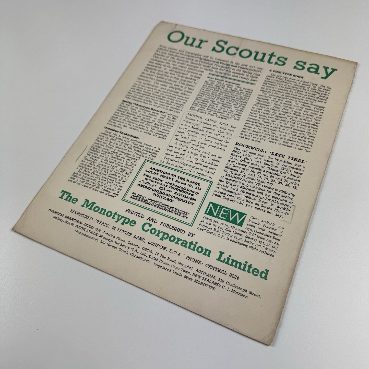 Monotype News Letter 18 | 23 February 1935 | Fold-out type specimen sheet