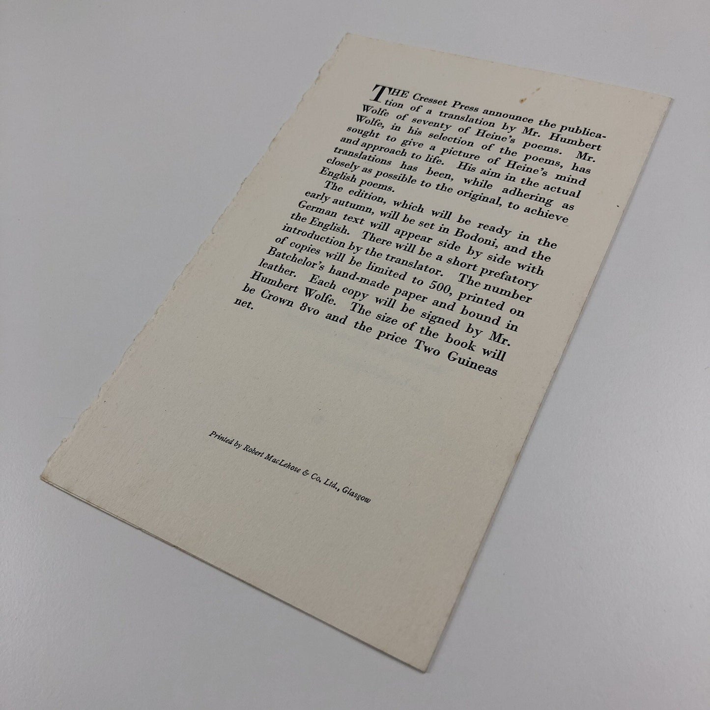 Prospectus for Portrait of Heine | Translated by Humbert Wolfe | The Cresset Press, 1930