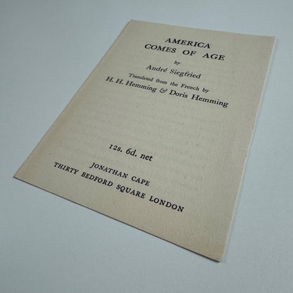 Tiny leaflet/order form for America Comes of Age by André Siegfried Jonathan Cape c.1927