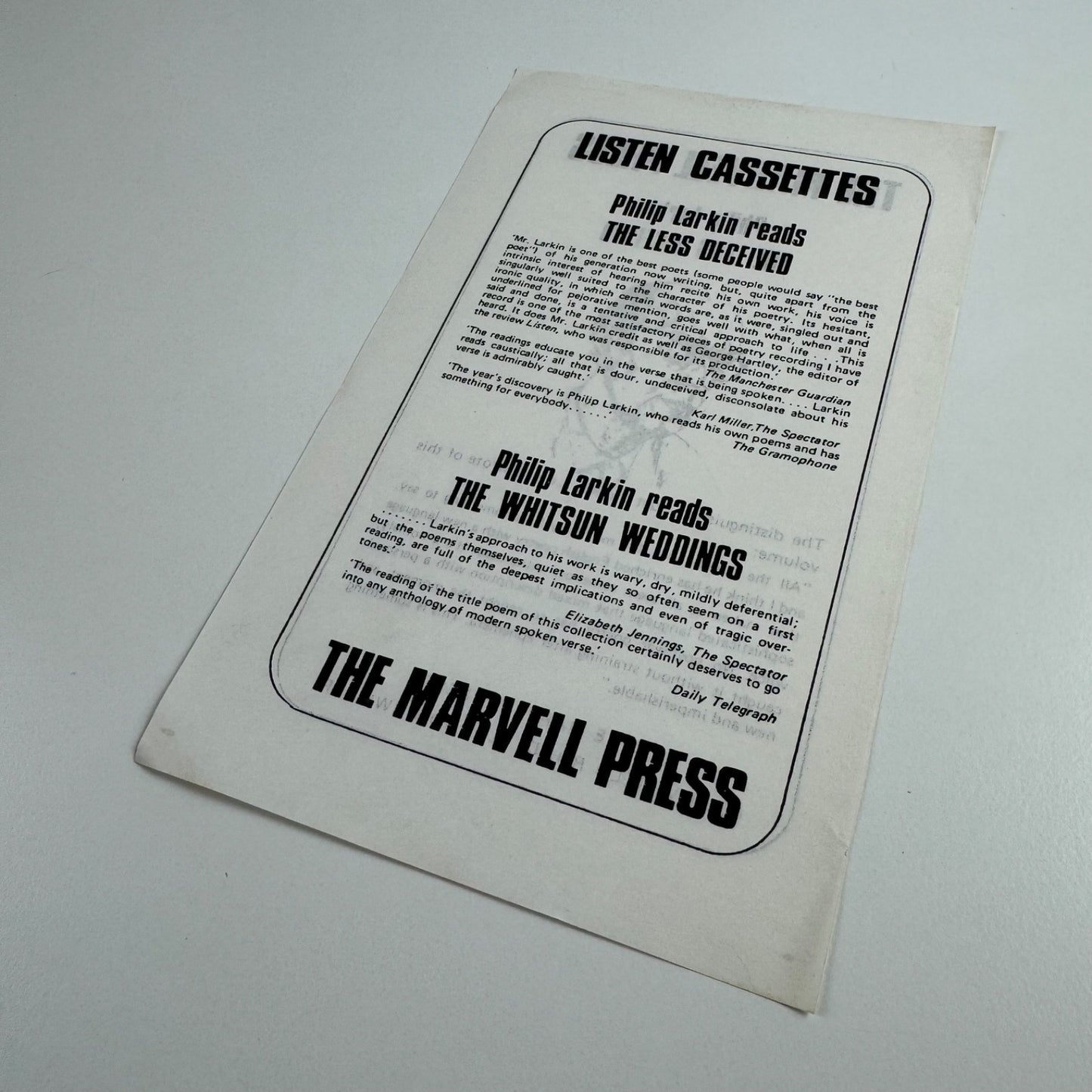 Promotional leaflet for The Marvell Press Philip Larkin The Less Deceived, undated