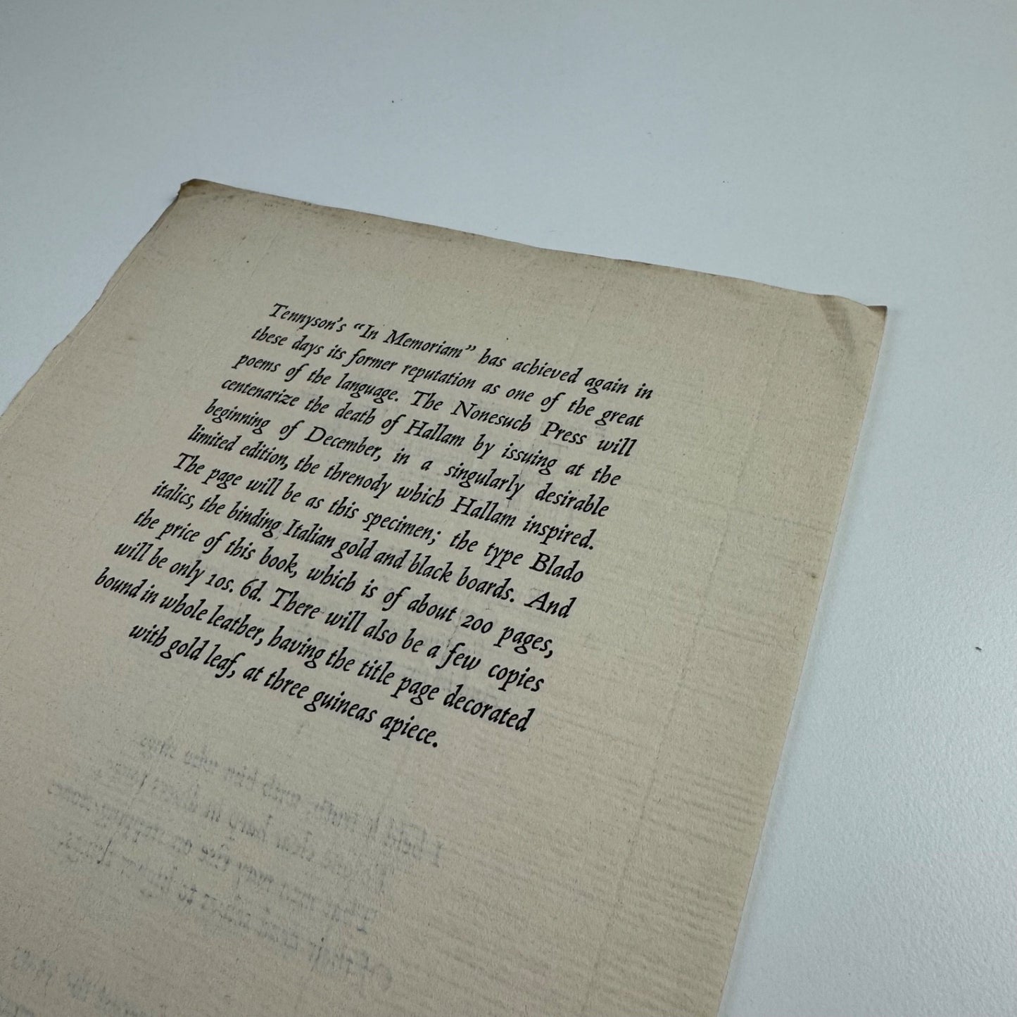 Prospectus for In Memoriam by Alfred Lord Tennyson. The Nonesuch Press, 1933