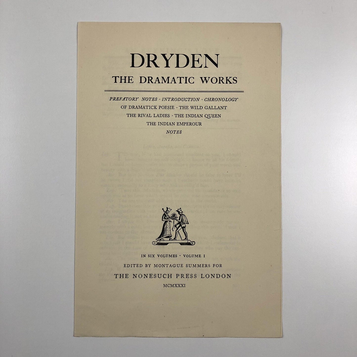 Prospectus – Dryden The Dramatic Works | Edited by Montague Summers | Nonesuch Press 1931