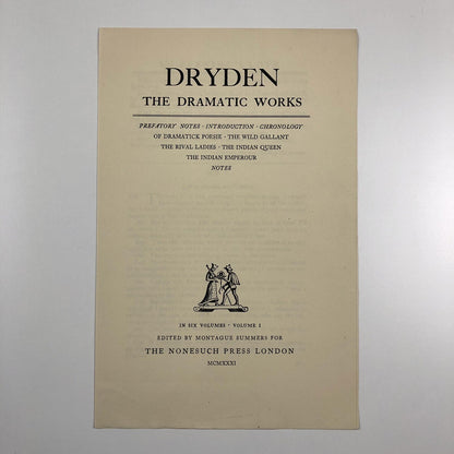 Prospectus – Dryden The Dramatic Works | Edited by Montague Summers | Nonesuch Press 1931
