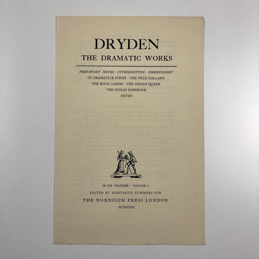 Prospectus – Dryden The Dramatic Works | Edited by Montague Summers | Nonesuch Press 1931