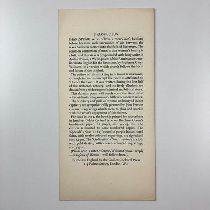 Golden Cockerel Press prospectus 'Against Women' | Gwyn Williams, John Petts 1953