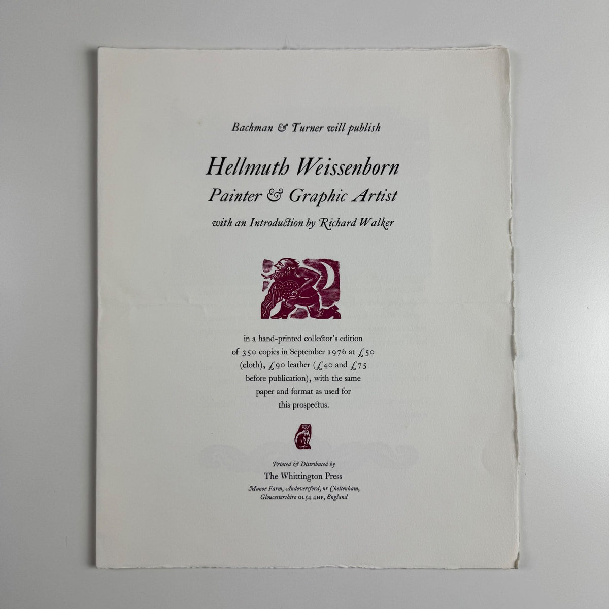 Prospectus Hellmuth Weissenborn Painter & Graphic Artist Whittington Press 1976