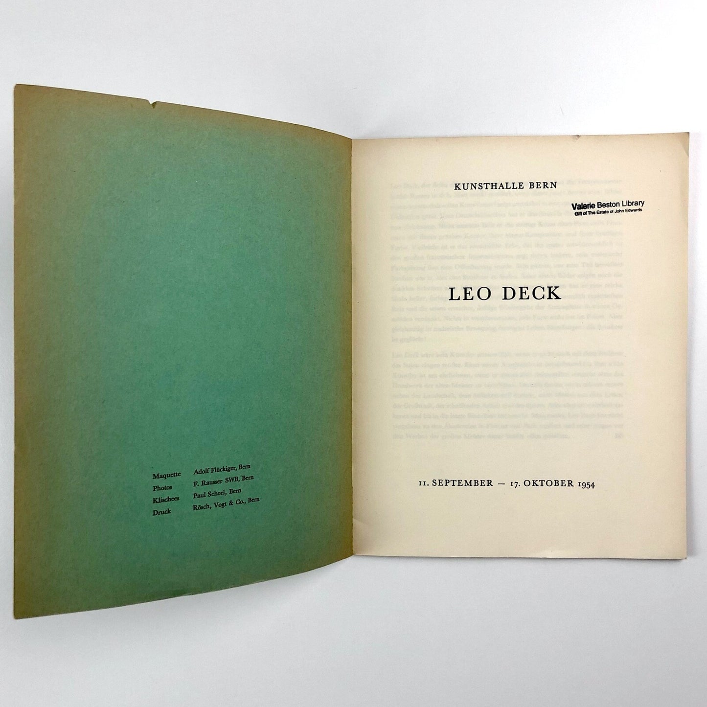 Leo Deck | Kunsthalle, Bern – exhibition catalogue | 1954
