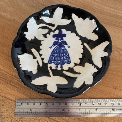 Francesca Kaye studio pottery small platter female figure folk art signed