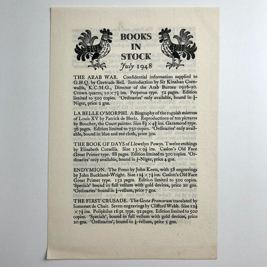 The Golden Cockerel Press 2-page leaflet – Books in Stock for July 1948