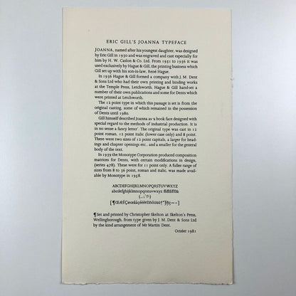 Eric Gill's Joanna Typeface | Letterpress ephemera sheet | Skelton's Press, 1981