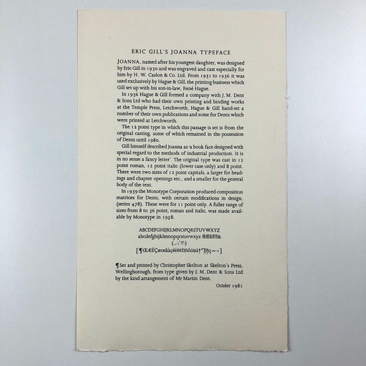 Eric Gill's Joanna Typeface | Letterpress ephemera sheet | Skelton's Press, 1981