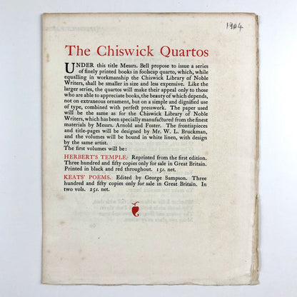 Prospectus leaflet – The Chiswick Quartos | Herbert’s Temple & Keat’s Poems | George Bell, 1904