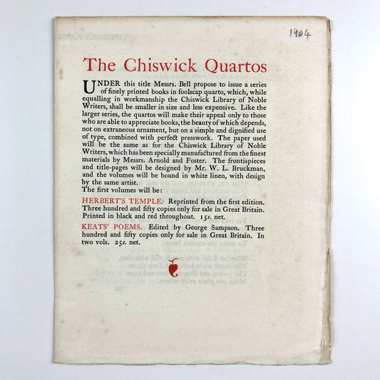 Prospectus leaflet – The Chiswick Quartos | Herbert’s Temple & Keat’s Poems | George Bell, 1904