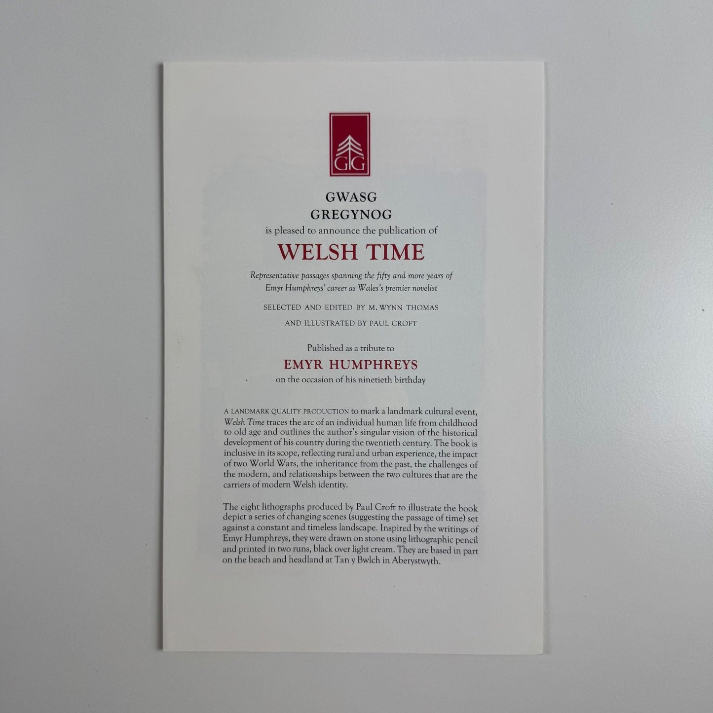Prospectus for Welsh Time Emyr Humphrey's career ed. M. Wynn Thomas Gwasg Gregynog