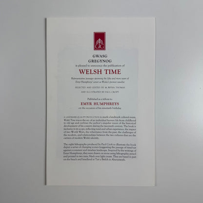 Prospectus for Welsh Time Emyr Humphrey's career ed. M. Wynn Thomas Gwasg Gregynog