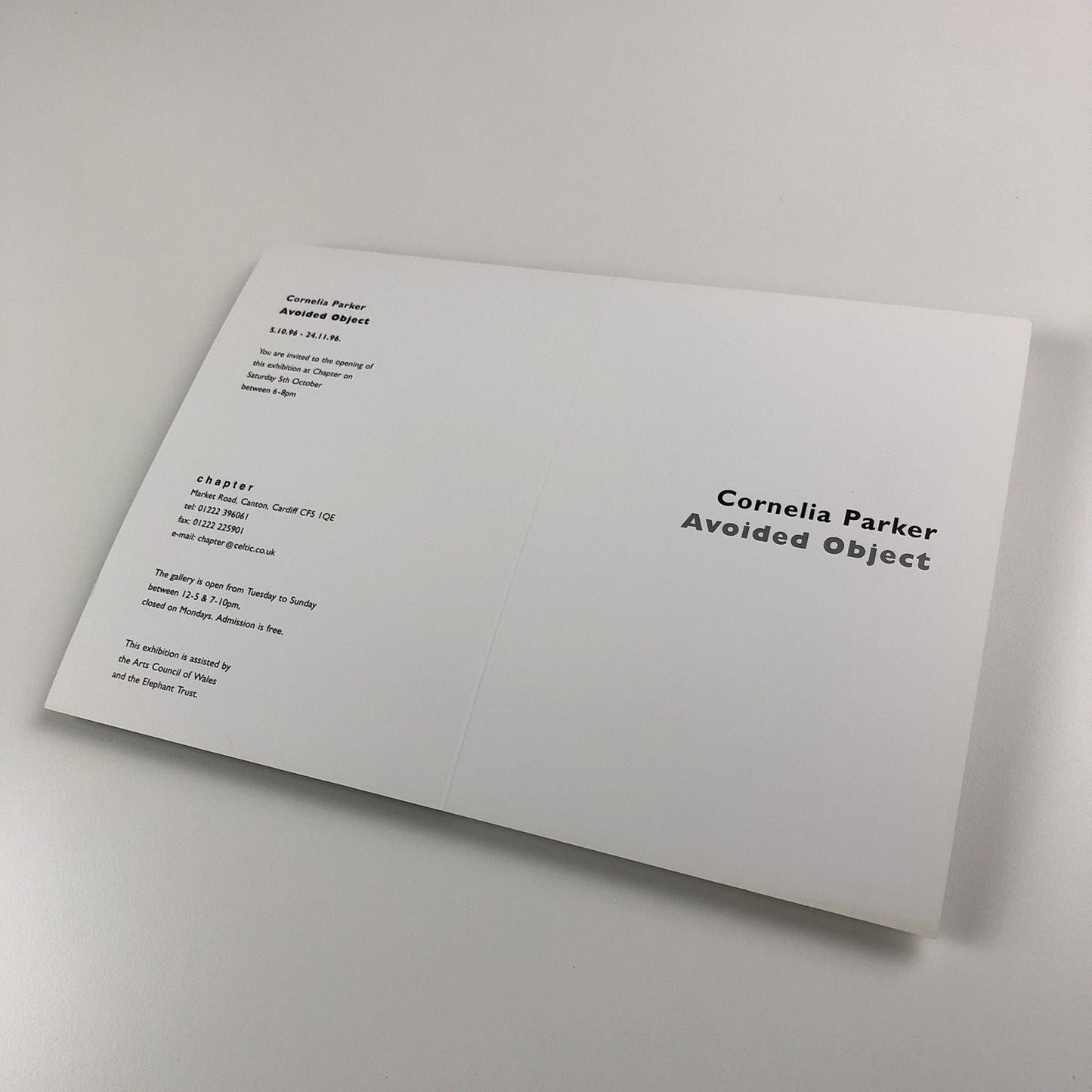 Cornelia Parker. Avoided Object | Private view invitation | Chapter Cardiff 1996