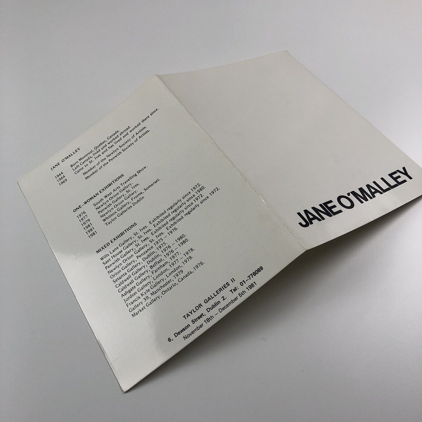Folded card – Jane O'Malley | Taylor Galleries Dublin, 1981