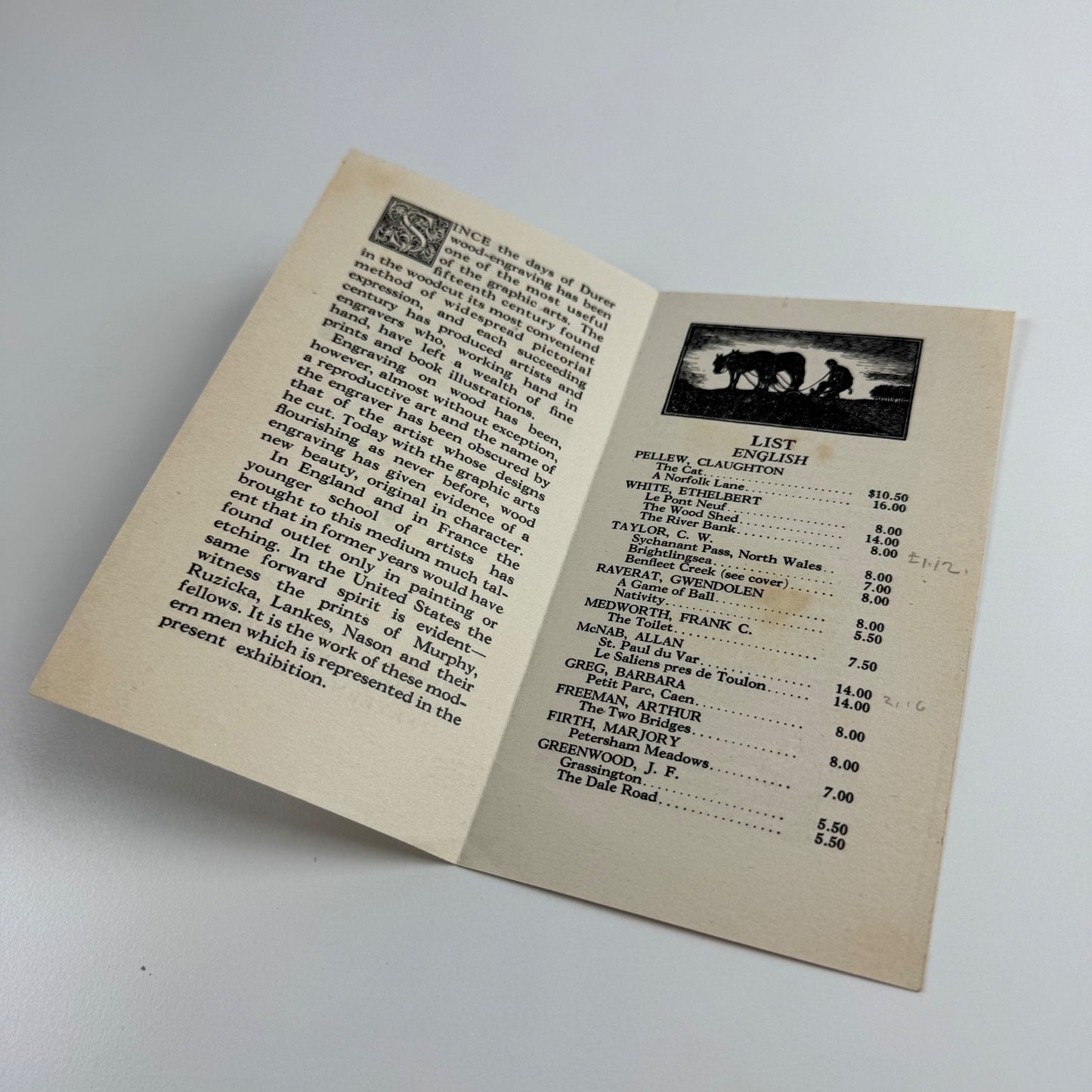Leaflet for Exhibition and Sale of Modern wood-engravings: English and American | Goodspeed's Book Shop Boston 1926