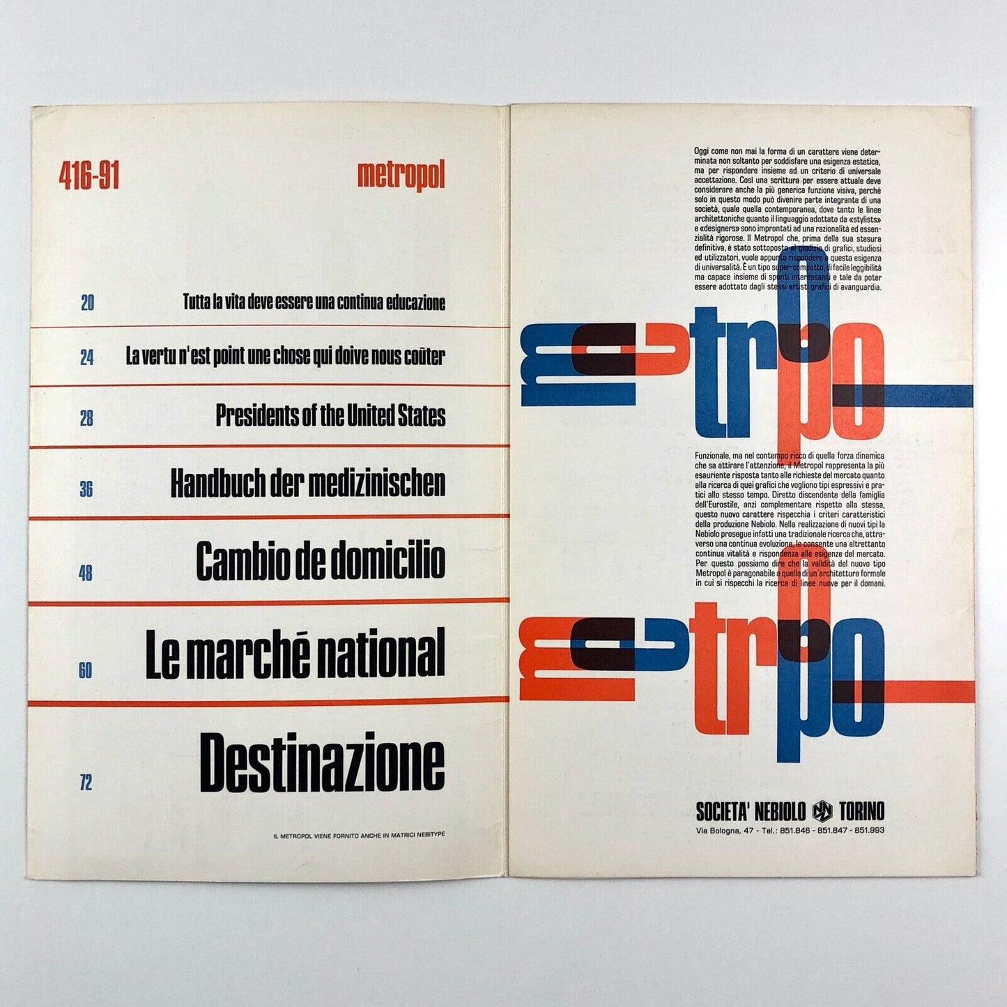 Metropol Super Compatto della Societá Nebiolo Aldo Novarese type specimen booklet, 1968