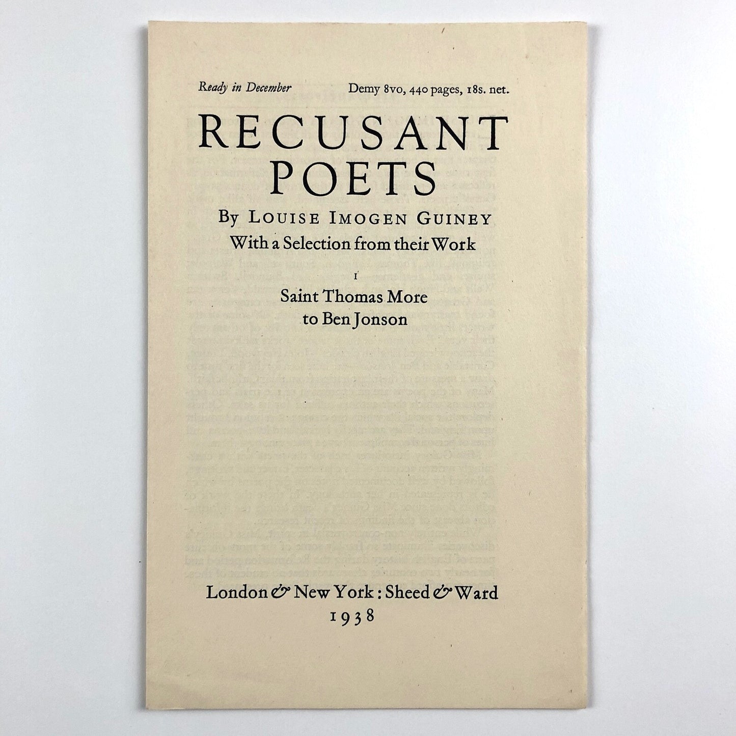 Prospectus for Recusant Poets by Louise Imogen Guiney. with a selection from their work Saint Thomas More to Ben Jonson | Sheed & Ward 1938