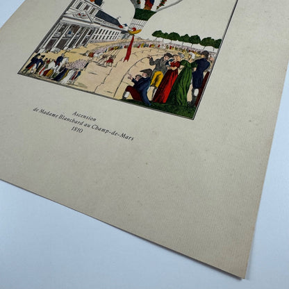 Coloured print hot air balloon, Madame Blanchard’s ascension Aerial Press 1956