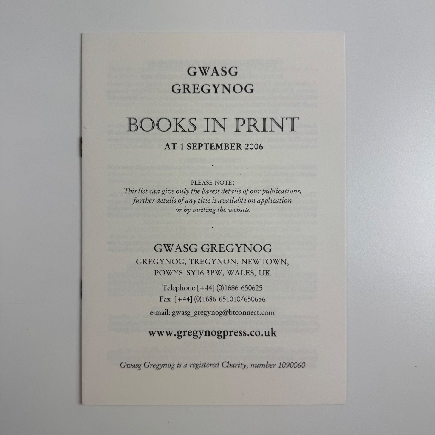 Leaflet Gwasg Gregynog | Books in Print at 1 September 2006