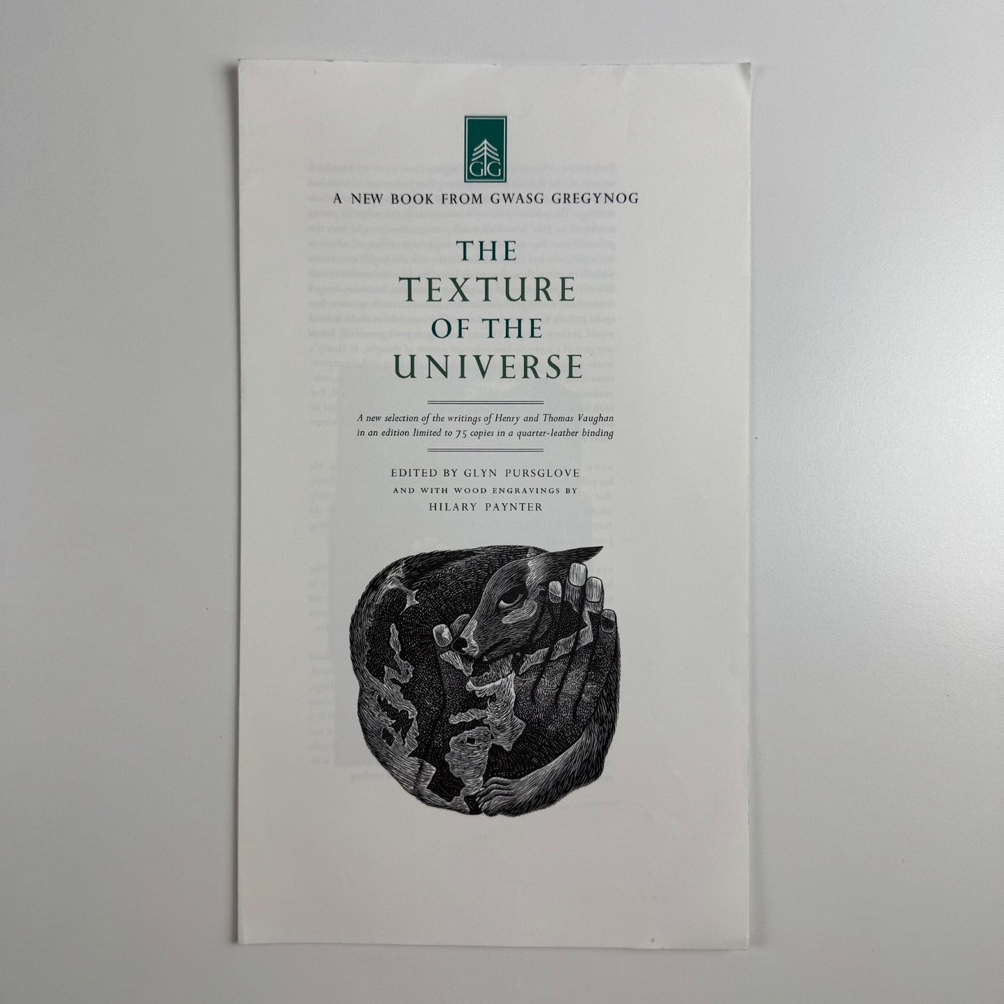 Prospectus for The Texture of the Universe edited by Glyn Pursglove wood engravings by Hilary Paynter Gregynog