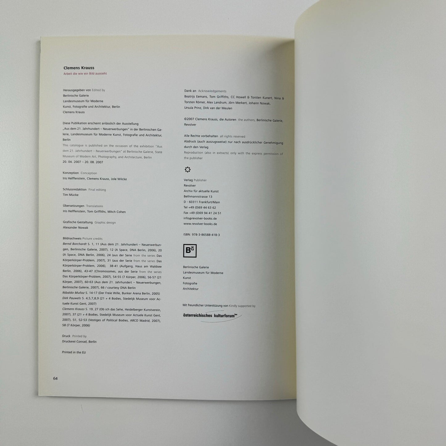 Clemens Krauss. Arbeit die wie ein Bild aussieht | Berlinische Galerie exhibition catalogue, 2007