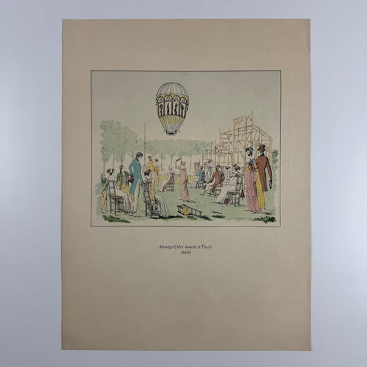 Coloured print hot air balloon Montgolfière lancée à Tivoli, Aerial Press 1956