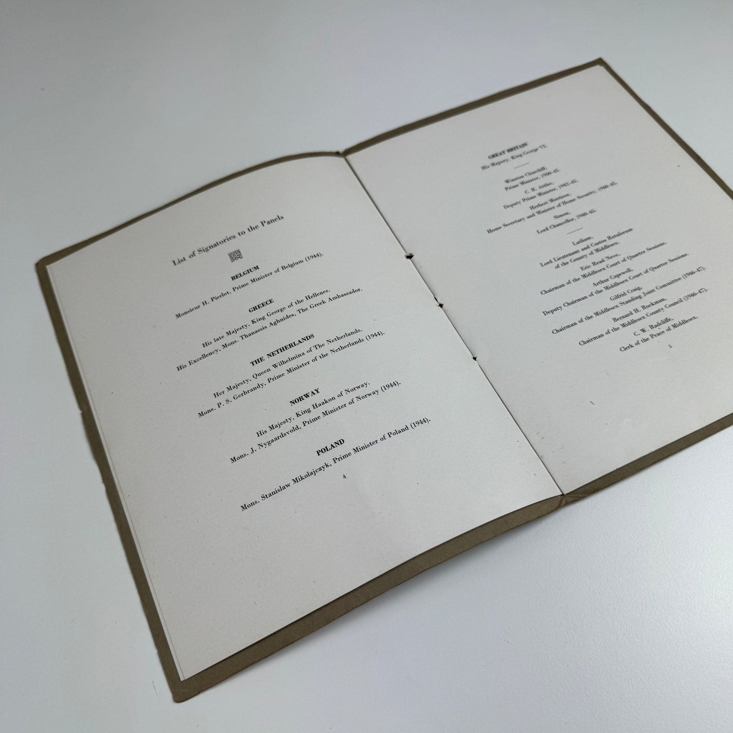 Commemorative booklet to accompany the Unveiling by the Lord Chancellor of panels commemorating the holding of Foreign Maritime Courts at the Guildhall during the World War, 1939-1945 at the Middlesex Guildhall, Westminster on 2 June 1947