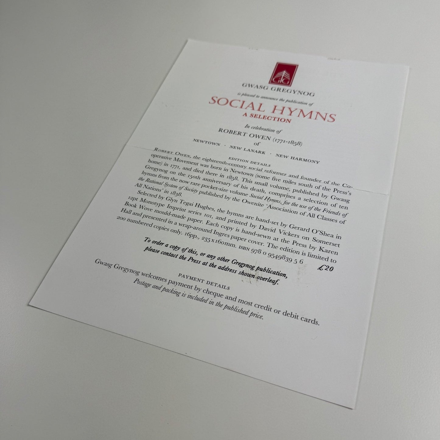 Leaflet for Social Hymns. A Selection in celebration of Robert Owen | Gwasg Gregynog