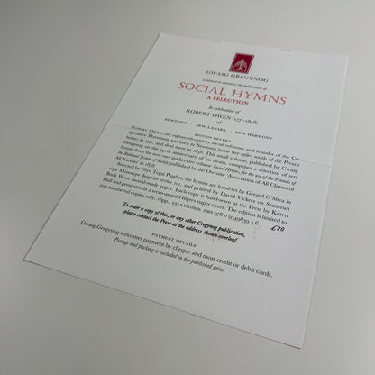 Leaflet for Social Hymns. A Selection in celebration of Robert Owen | Gwasg Gregynog