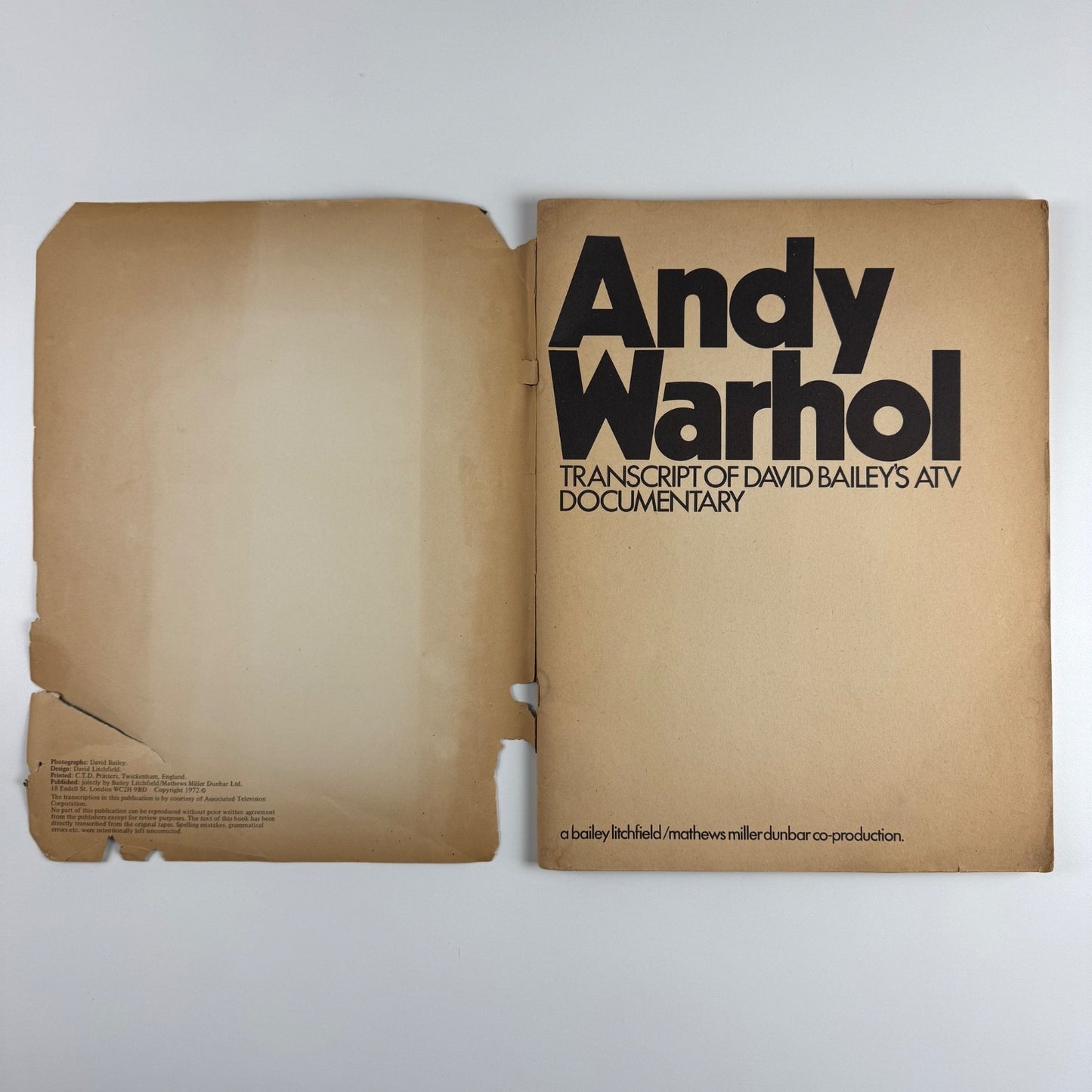 Andy Warhol: Transcript of David Bailey’s ATV Documentary | Bailey Litchfield/Mathews Millar Dunbar Ltd,  1972