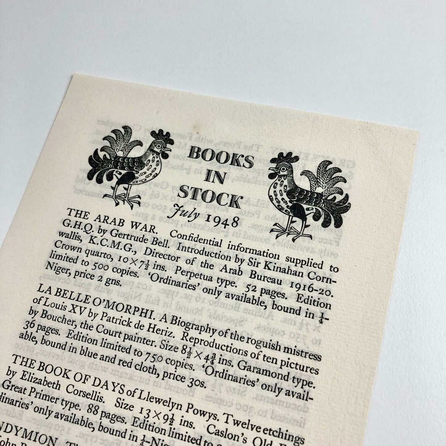 The Golden Cockerel Press 2-page leaflet – Books in Stock for July 1948