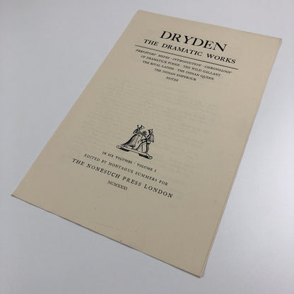 Prospectus – Dryden The Dramatic Works | Edited by Montague Summers | Nonesuch Press 1931