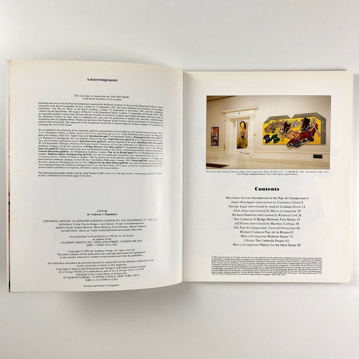 Pop Art. Art and Design Profile | Edited by Andreas C. Papadakis, 1992